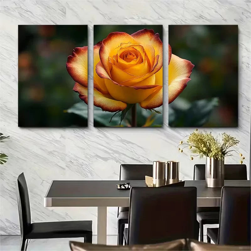 3pcs Elegant Yellow and Brown Rose Metal Print Ready to Hang Art