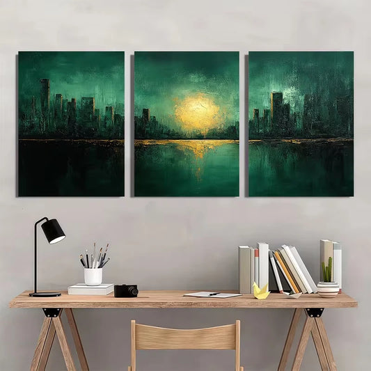 3pcs Featuring a Green Minimalist Abstract Metal Print Ready to Hang Art