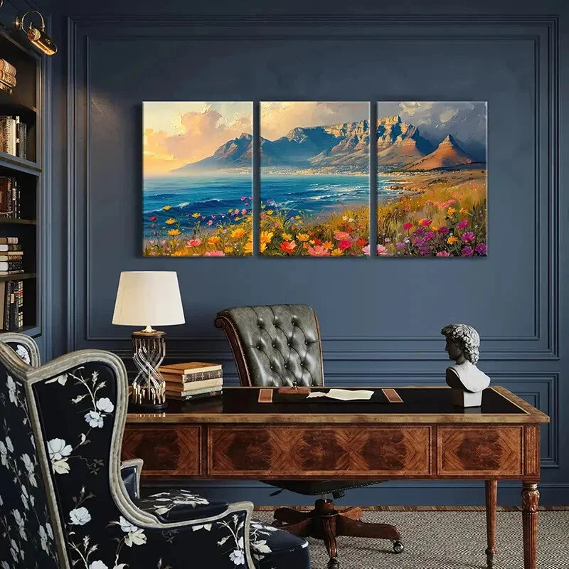 3pcs Mountain Landscape Vibrant Flowers Coastal Metal Print Ready to Hang Art - Bella Home Decor