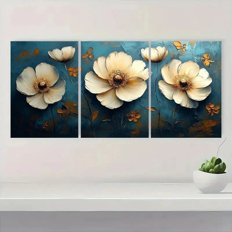 3pcs Modern Elegant Golden & White Floral Metal Print Ready to Hang Art - Bella Home Decor