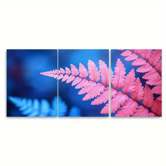 3pcs Tropical Fern Pink and Blue Leaf Metal Print Ready to Hang Art