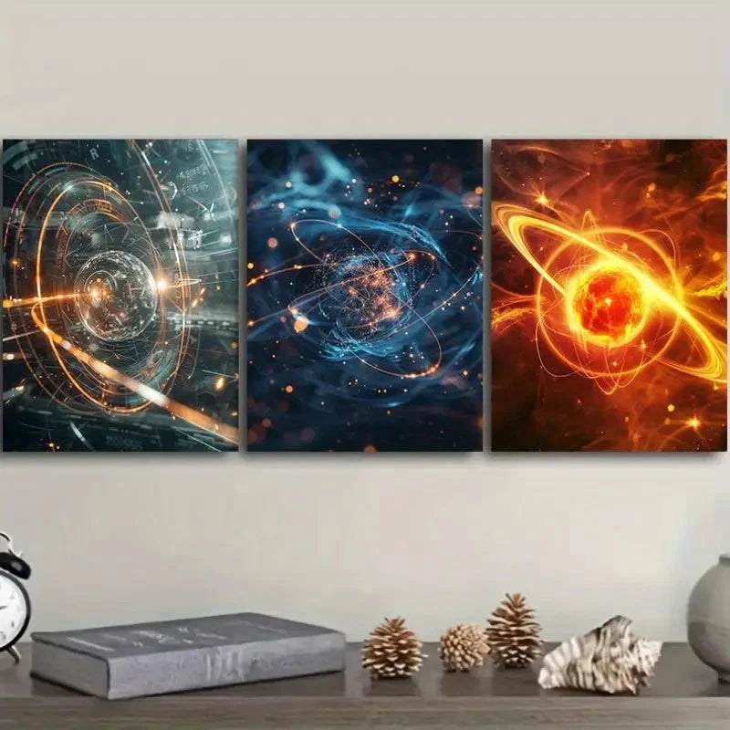 3pcs Unstable Atom nucleus with electrons Wall Art Set Canvas Framed 60x90cm - High Quality Print 100% Australian Made Wall Canvas Ready to Hang - Bella Home Decor