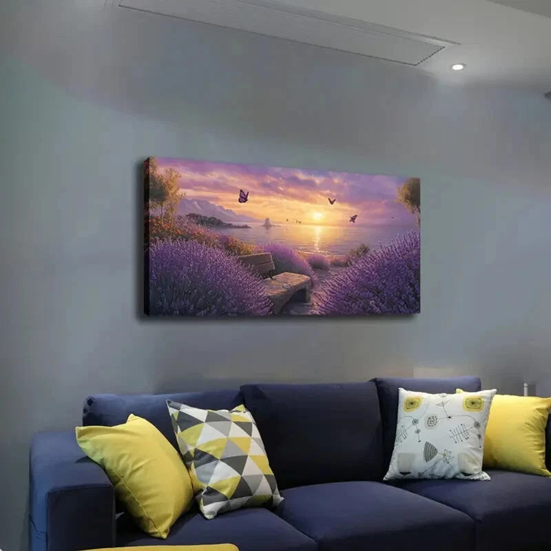 Sunset Over Lavender Field Hues Wall Art Canvas Office Home Room Framed 120x60cm - Bella Home Decor