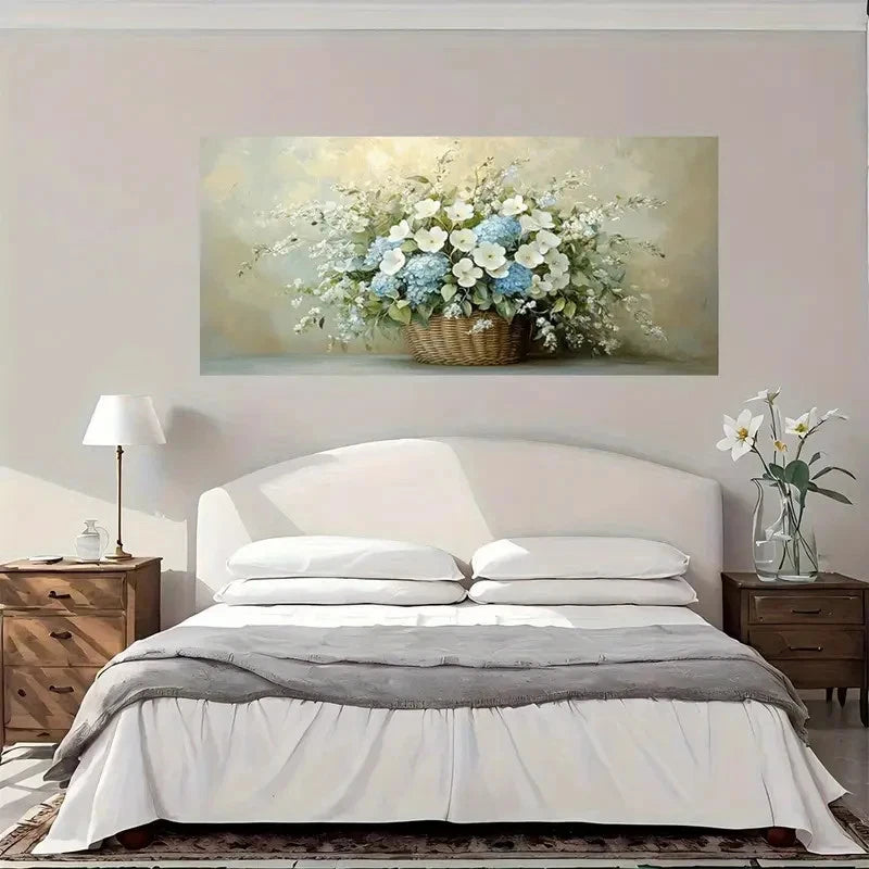 Blue And White Floral Wall Art Canvas Office Home Room Framed 120x60cm