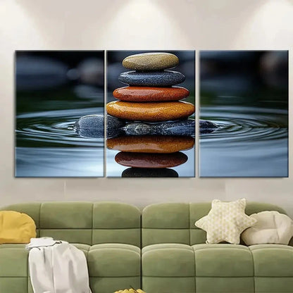3pcs Stones In Water With Reflection Perfect Wall Art Set Canvas Framed 40x60cm - High Quality Print 100% Australian Made Wall Canvas Ready to Hang