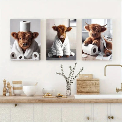 3pcs Cartoon Animal Highland Cow Art Prints Set Metal Print Ready to Hang Art - Bella Home Decor