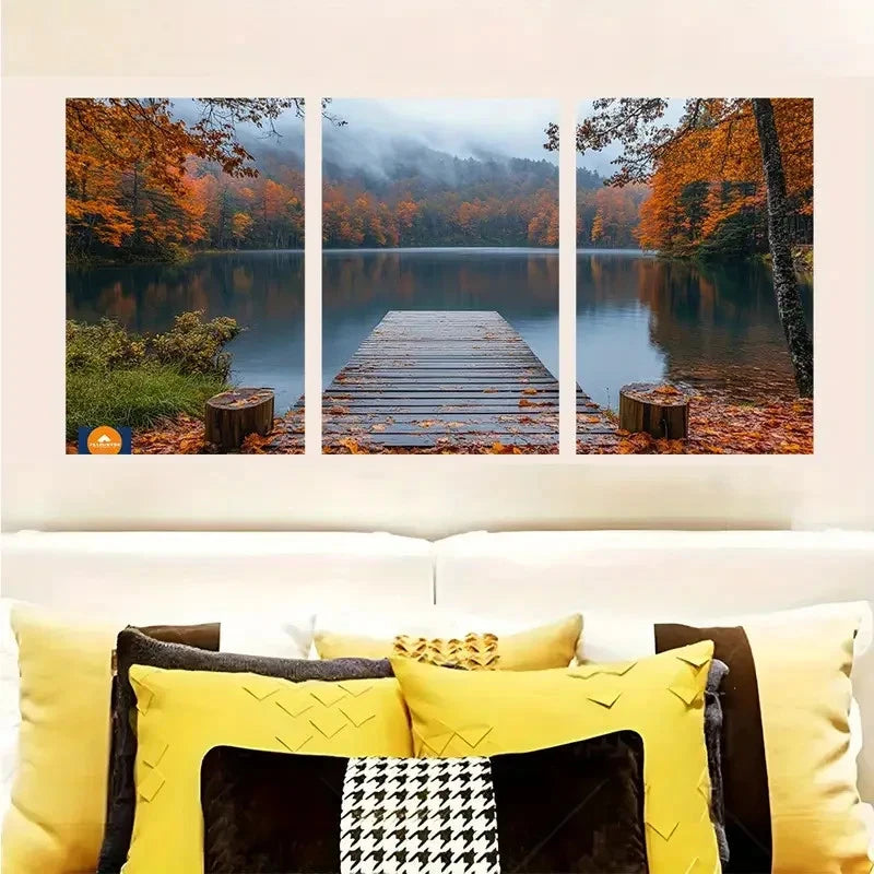 3pcs Autumn Leaves On A Misty Lake  Wall Art Set Canvas Framed 50x70cm - High Quality Print 100% Australian Made Wall Canvas Ready to Hang - Bella Home Decor