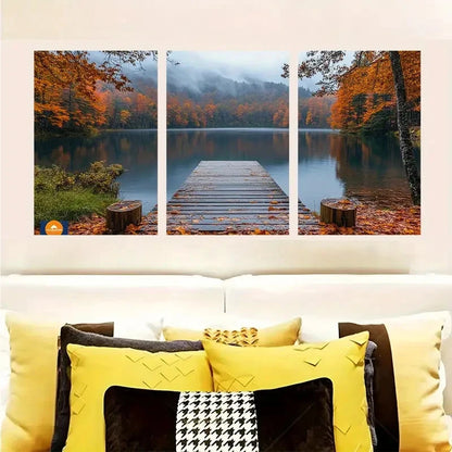 3pcs Autumn Leaves On A Misty Lake  Wall Art Set Canvas Framed 50x70cm - High Quality Print 100% Australian Made Wall Canvas Ready to Hang - Bella Home Decor