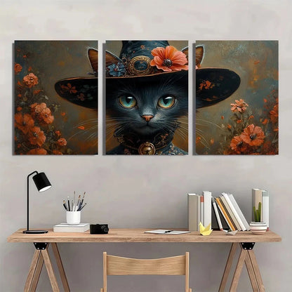 3pcs Witch Cat with Flower Cap Oil Painting Metal Print Ready to Hang Art - Bella Home Decor