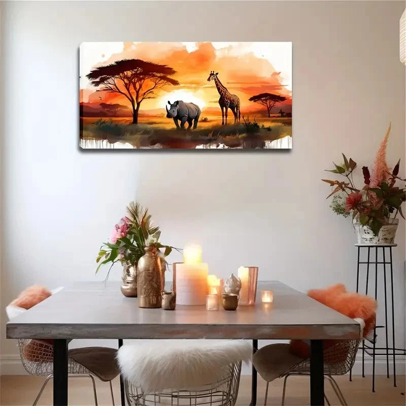 Rhinoceros And Giraffe Wall Art Canvas Office Home Room Framed 120x60cm