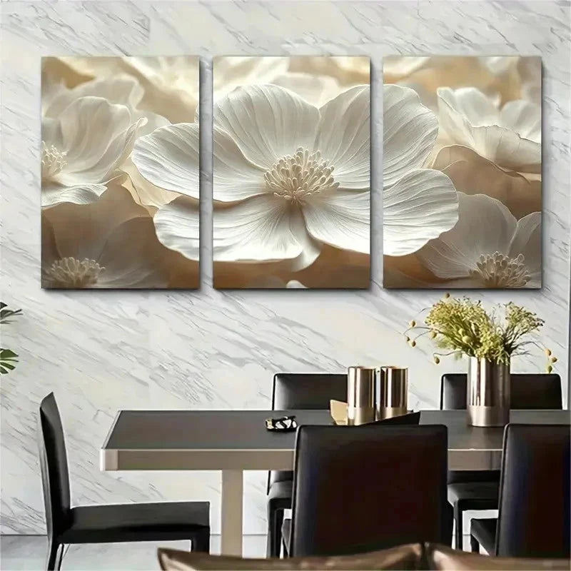 3pcs White Flower Petals Abstract J  Wall Art Set Canvas Framed 50x70cm - High Quality Print 100% Australian Made Wall Canvas Ready to Hang