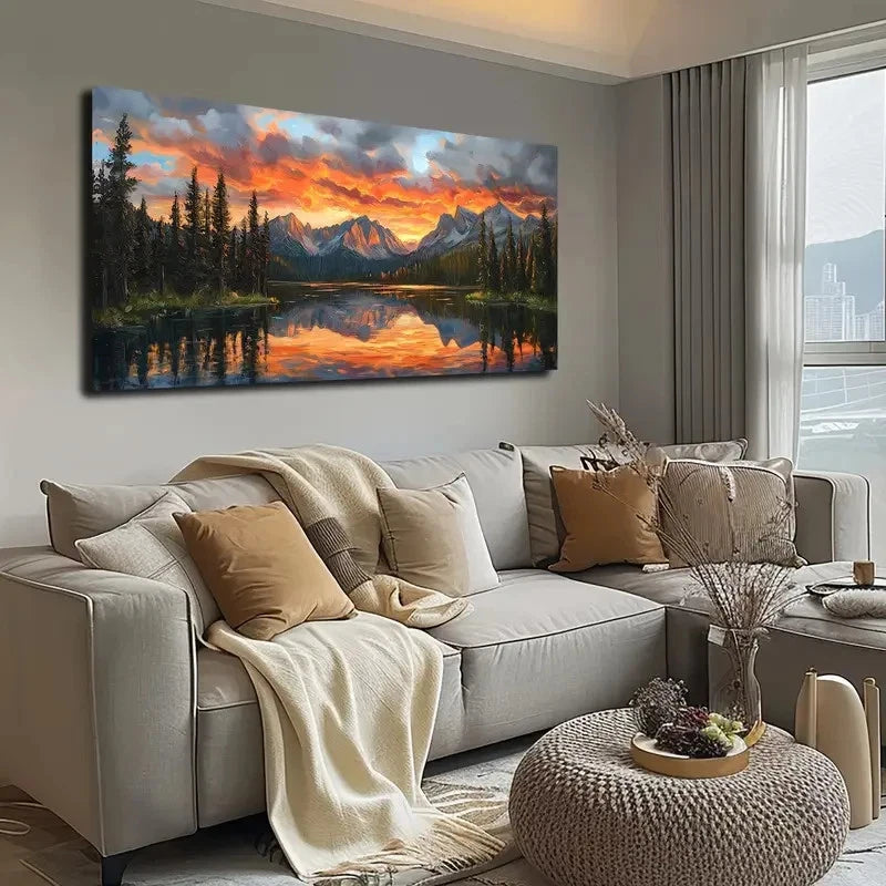 Serene Lake Sunset Landscape Wall Art canvas office home room framed 120x60cm - Bella Home Decor