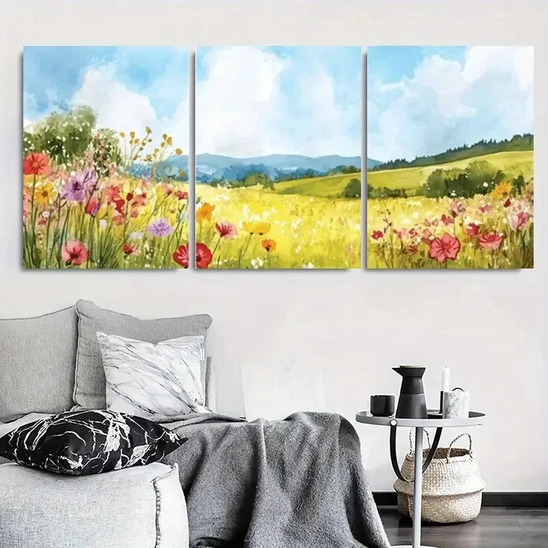 3pcs Colorful Poppy and Daisy Field Painting Metal Print Ready to Hang Art - Bella Home Decor