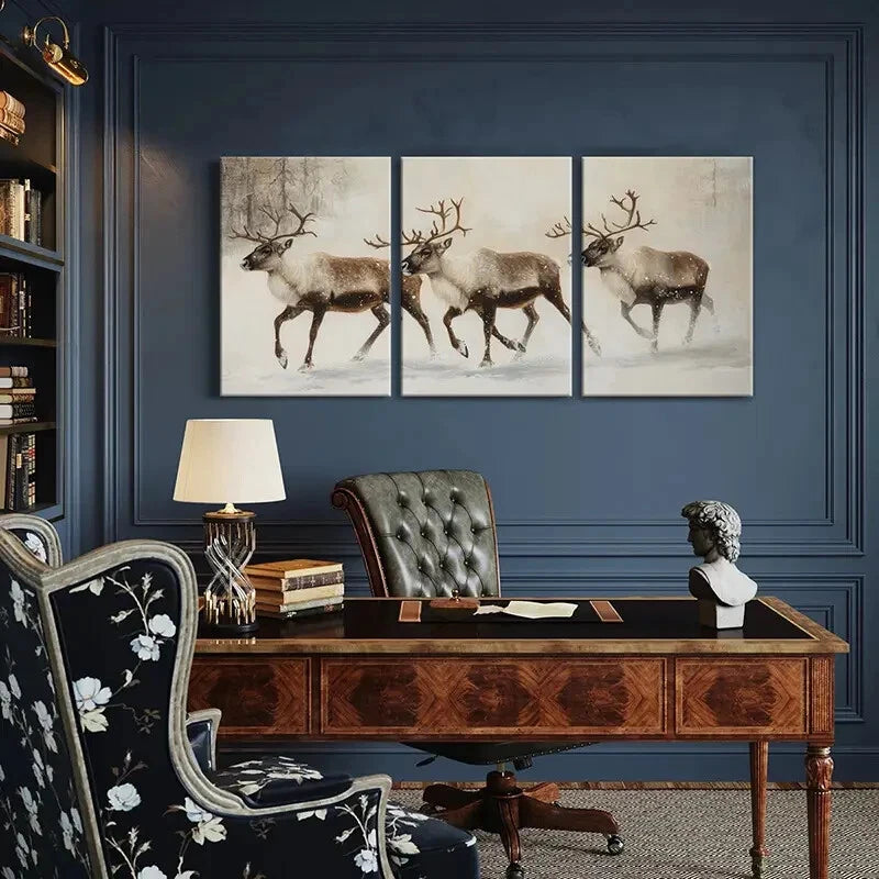 3pcs Winter Reindeer Art Snowy Landscape Metal Print Ready to Hang Art - Bella Home Decor