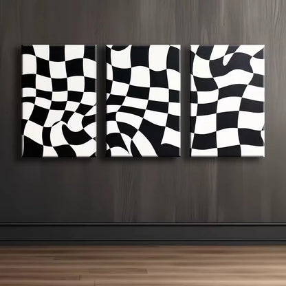 3pcs Black and White Checkered Pattern Wall Art Set Canvas Framed 40x60cm - High Quality Print 100% Australian Made Wall Canvas Ready to Hang - Bella Home Decor