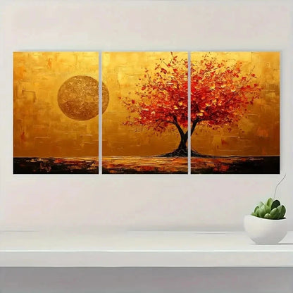 3pcs Abstract Golden Tree Minimalist Metal Print Ready to Hang Art - Bella Home Decor