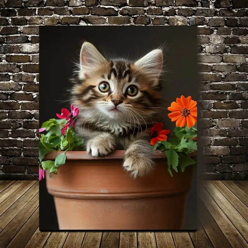 Adorable Tabby Cat Kitten with Vibrant Flower Painting 40x60cm Metal Print Ready to Hang - Bella Home Decor
