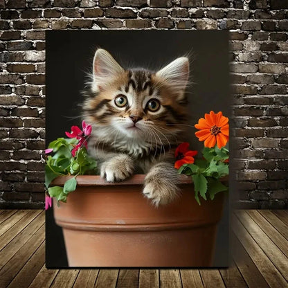 Adorable Tabby Cat Kitten with Vibrant Flower Painting 40x60cm Metal Print Ready to Hang - Bella Home Decor