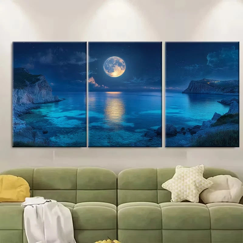 3pcs Open Water Moonlit Metal Print Ready to Hang Art
