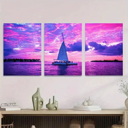 3pcs Sunset Sailboat Bright Pink & Purple Sky Wall Art Set Canvas Unframed - High Quality Print 100% Australian Made Wall Canvas