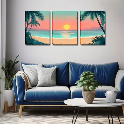 3pcs Vibrant Seaside Coconut Trees, Red Sky Wall Art Canvas Unframed - High Quality Print 100% Australian Made Wall Canvas