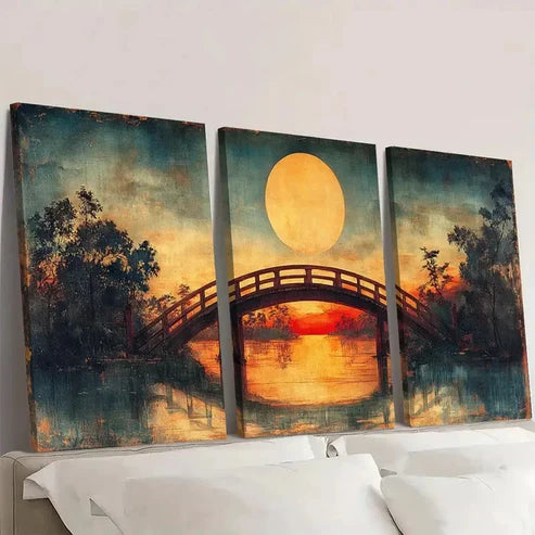 3pcs Japanese Ukiyo  Meguro Drum Bridge Wall Art Canvas Unframed - High Quality Print 100% Australian Made Wall Canvas - Bella Home Decor