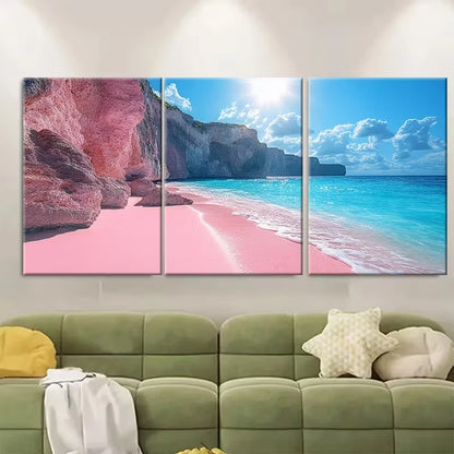 3pcs Pink Blue Rocky Beach Metal Print Ready to Hang Art