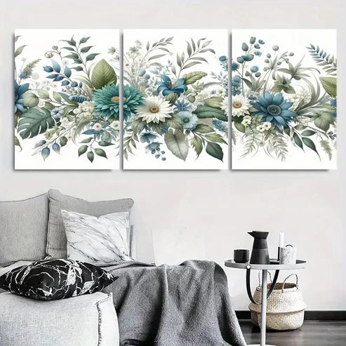 3pcs Vibrant Blue Green Floral Bouquet Wall Art Canvas Unframed - High Quality Print 100% Australian Made Wall Canvas