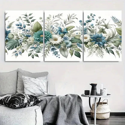 3pcs Vibrant Blue Green Floral Bouquet Wall Art Canvas Unframed - High Quality Print 100% Australian Made Wall Canvas