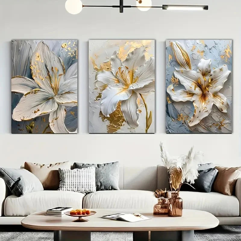 3pcs Elegant Golden and White Flowers Metal Print Ready to Hang Art - Bella Home Decor