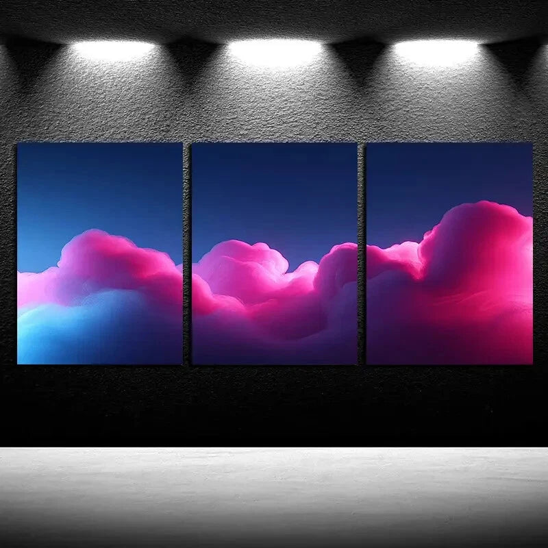 3pcs Vibrant Pink Beautiful Sky Illustration Metal Print Ready to Hang Art