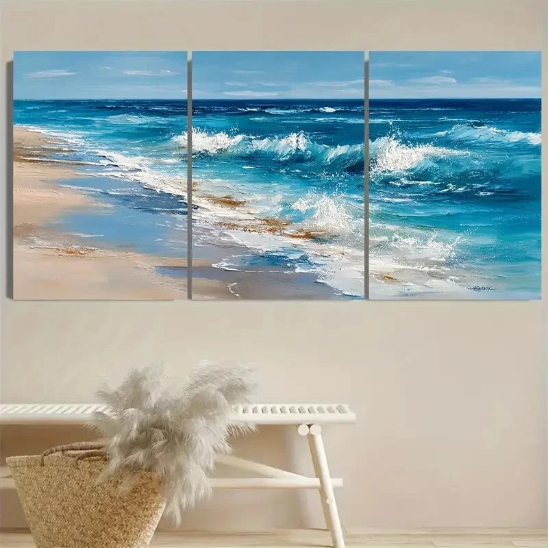 3pcsSerene Beach Scene with Waves and Sky Wall Art Metal Print Ready to Hang Art