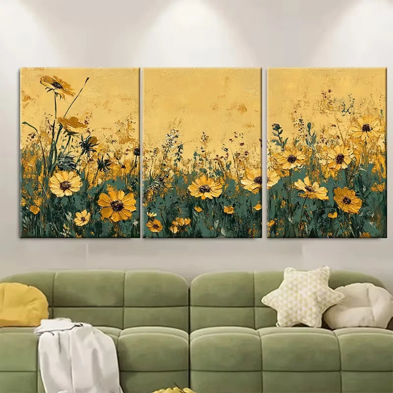 3pcs Golden Vintage Wildflower Field Landscape Metal Print Ready to Hang Art - Bella Home Decor