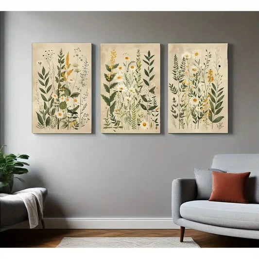 3pcs Vintage Wildflower Posters with Daisy & Sage Metal Print Ready to Hang Art