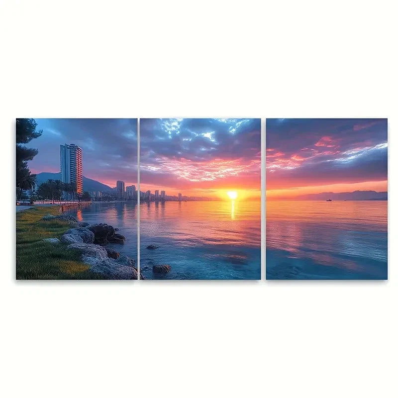 3pcs Durres Sunrise Spectacular Cityscape Seascape Metal Print Ready to Hang Art - Bella Home Decor