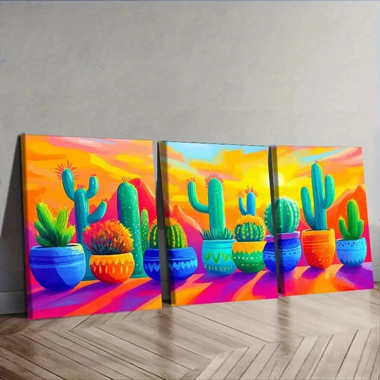 3pcs Cactus in colorful flower POTS Wall Art Set Canvas Framed 40x60cm - High Quality Print 100% Australian Made Wall Canvas Ready to Hang