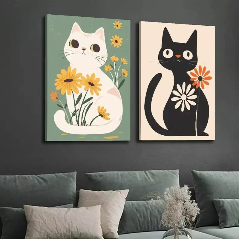 2pcs Colorful Garden Black Cat Cute White Cat, Yellow Daisy Boho Canvas Framed 50x75cm - High Quality Print 100% Australian Made Wall Canvas Ready to Hang - Bella Home Decor