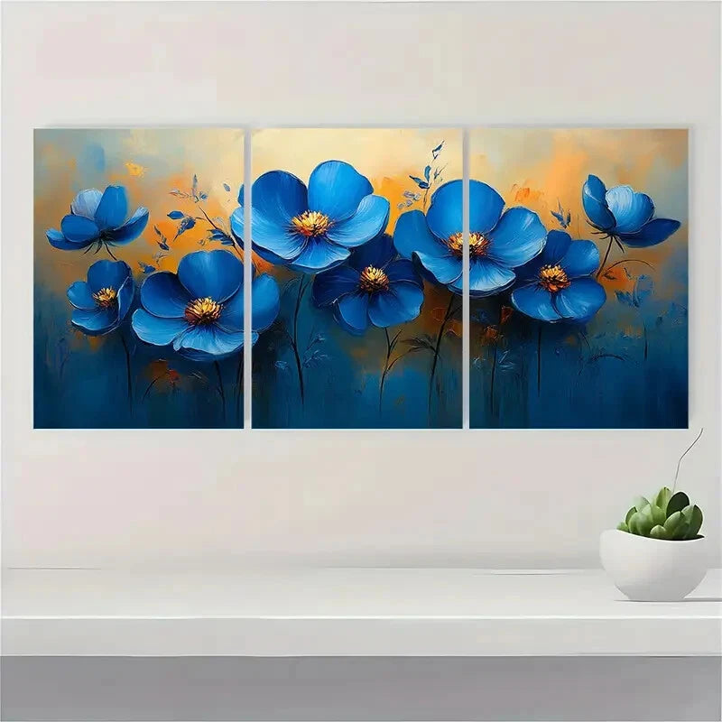 3pcs Original Blue Floral Oil Painting Metal Print Ready to Hang Art - Bella Home Decor