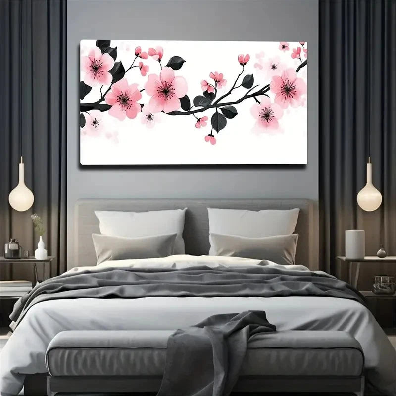 Pink Floral Branch Design Wall Art Canvas Office Home Room Framed 120x60cm