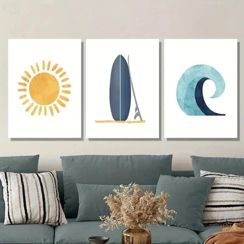 3pcs orange sun sunshine doodle, blue surfboard Wall Art Set Canvas Unframed - High Quality Print 100% Australian Made Wall Canvas