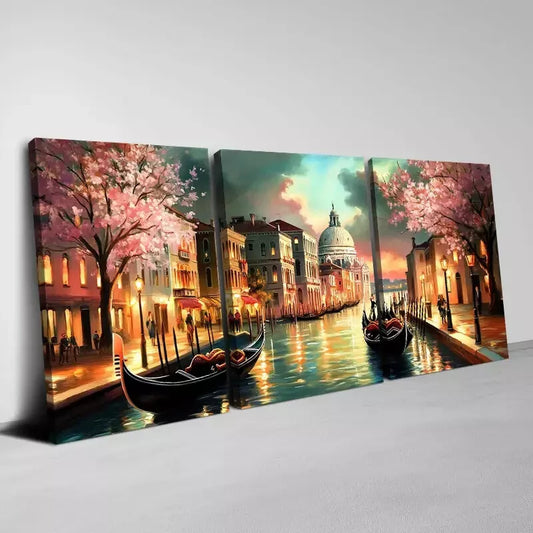 3pcs Beautiful Longed Water City & Pink Trees Art Set Canvas Framed 50x70cm - High Quality Print 100% Australian Made Wall Canvas Ready to Hang