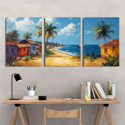 3pcs African Village Landscape Oil Painting Metal Print Ready to Hang Art