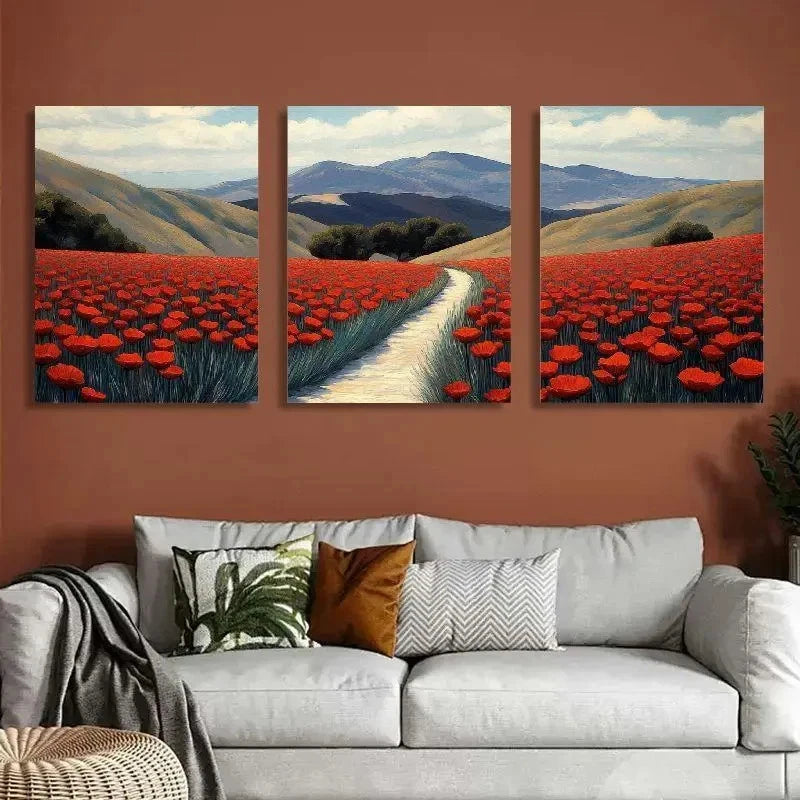 3pcs Elegant Classic Poppy Field Metal Print Ready to Hang Art - Bella Home Decor