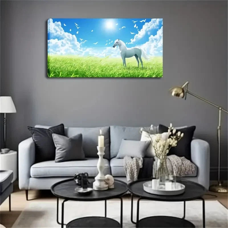 White Horse Emerald Green Wall Art Canvas Office Home Room Framed 120x60cm