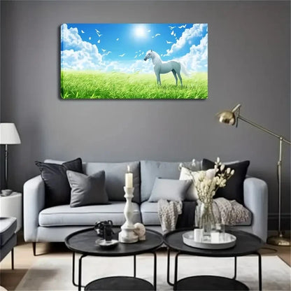 White Horse Emerald Green Wall Art Canvas Office Home Room Framed 120x60cm