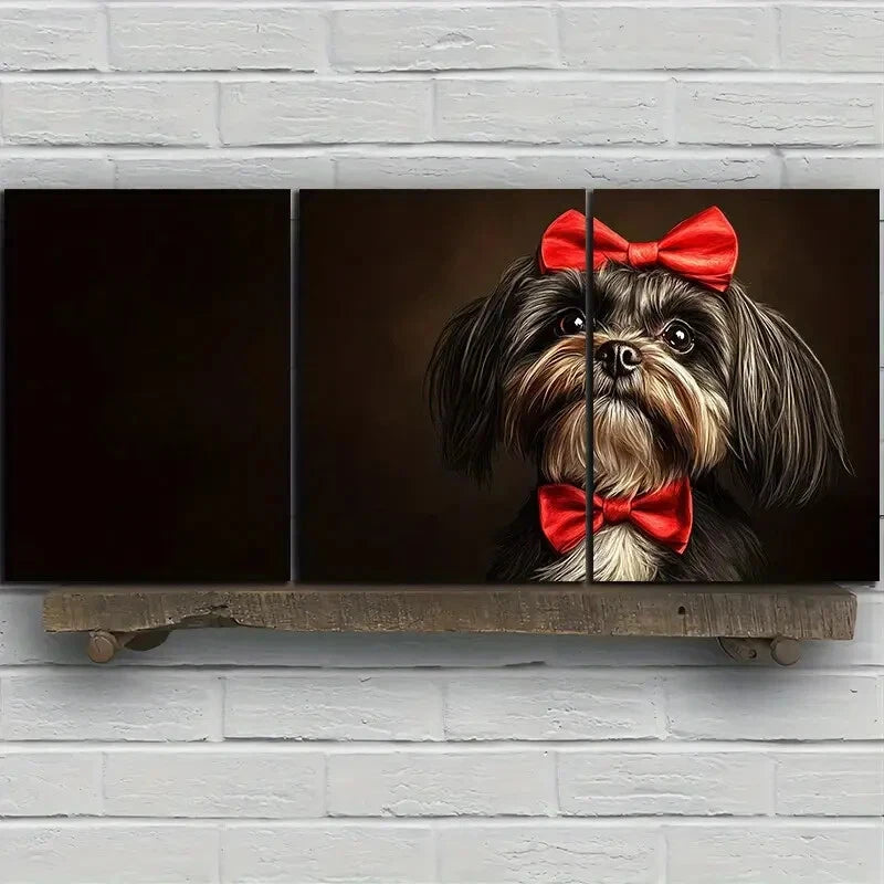 3pcs Dog Wearing a Bow Tie Red & Black Metal Print Ready to Hang Art - Bella Home Decor