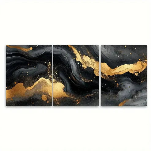 3pcs Elegant Fluid Ink Marbling Black and Golden Wall Art Set Canvas Unframed - High Quality Print 100% Australian Made Wall Canvas