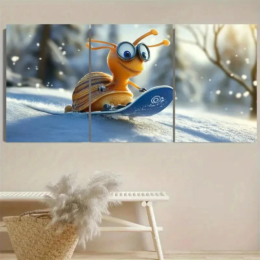 3pcs Whimsical Snowboarding Snail Wall Art Set Canvas Framed 60x90cm - High Quality Print 100% Australian Made Wall Canvas Ready to Hang