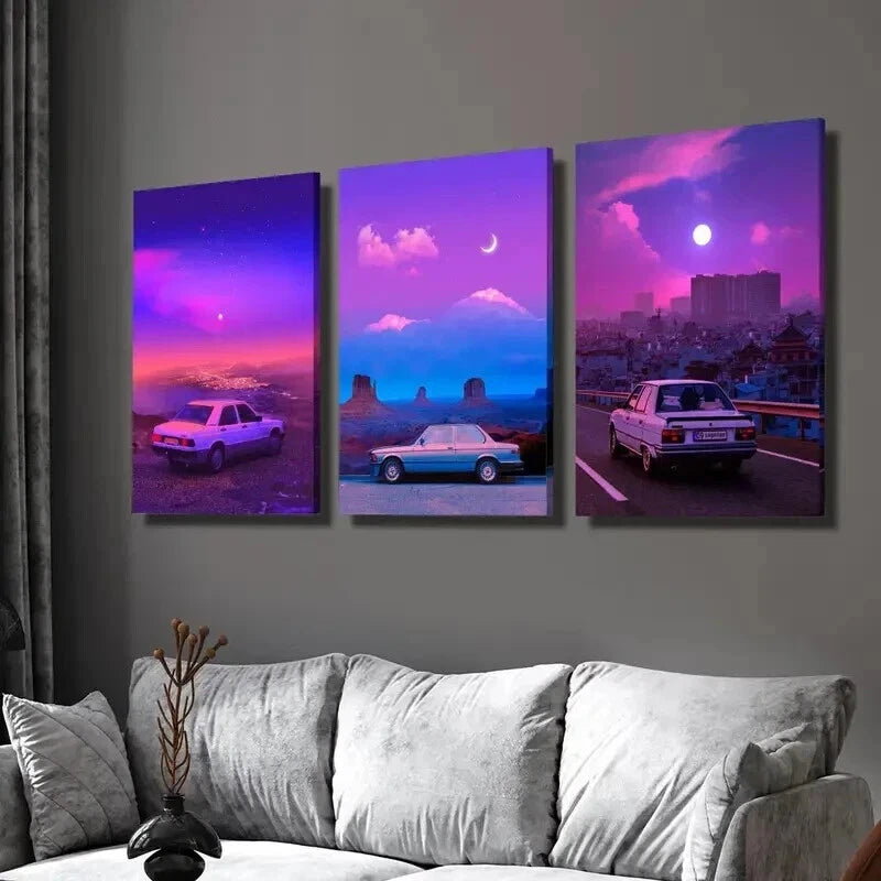 3pcs Classic Cars Moonlit Nights & Vibrant Skies Wall Art Set Canvas Framed 50x70cm - High Quality Print 100% Australian Made Wall Canvas Ready to Hang