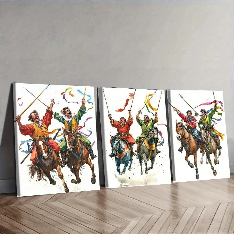3pcs Dynamic Horseback Warrior Scene Wall Art Canvas Wall Art Set Canvas Framed 50x70cm - High Quality Print 100% Australian Made Wall Canvas Ready to Hang